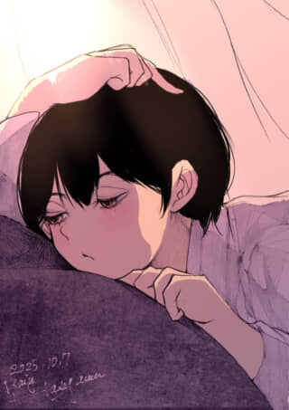 横たわる少女のイラスト。