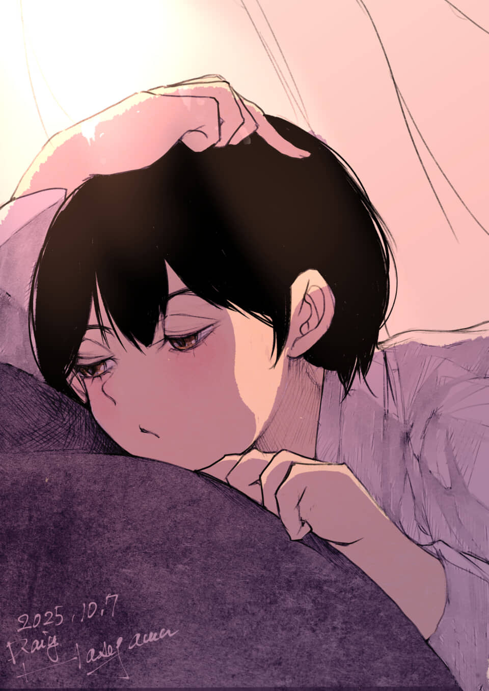 横たわる少女のイラスト。