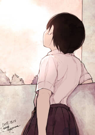 後ろ姿の少女が外を見る。
