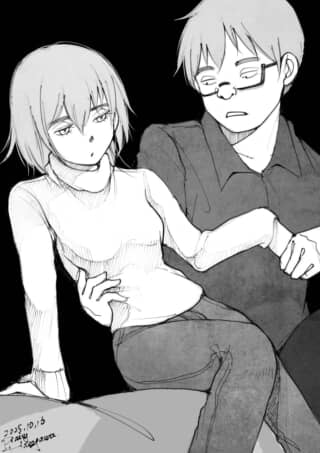 男女が腕を組んで座っているイラスト。