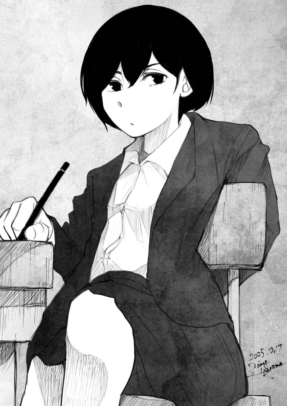 スーツの少女が机に座っているイラスト。