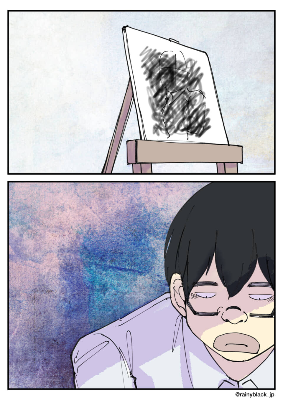 曖昧な絵と疲れた表情の男性。