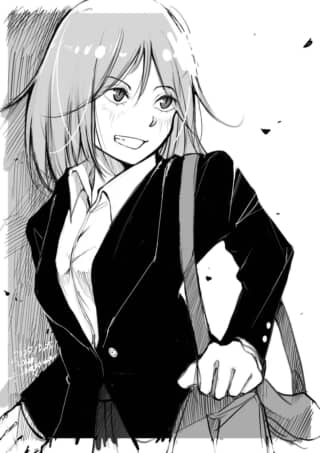 少女がスーツ姿で微笑むイラスト。