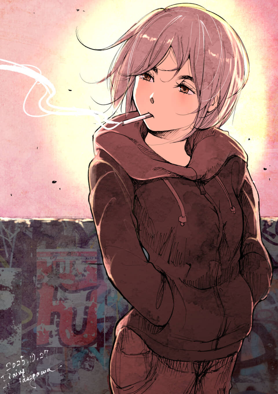 フード女性が紙煙草をくわえる