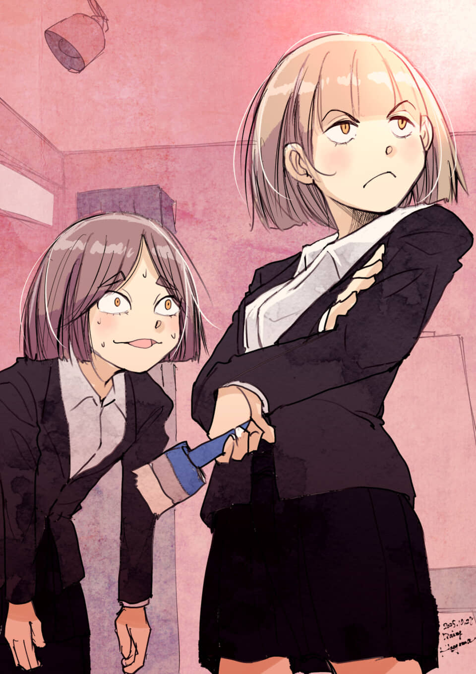 2人組の女性が緊張と決意。