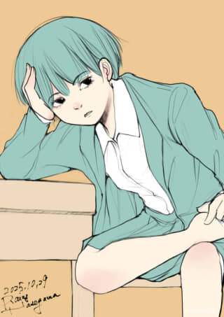 机に寄りかかる青髪の人物