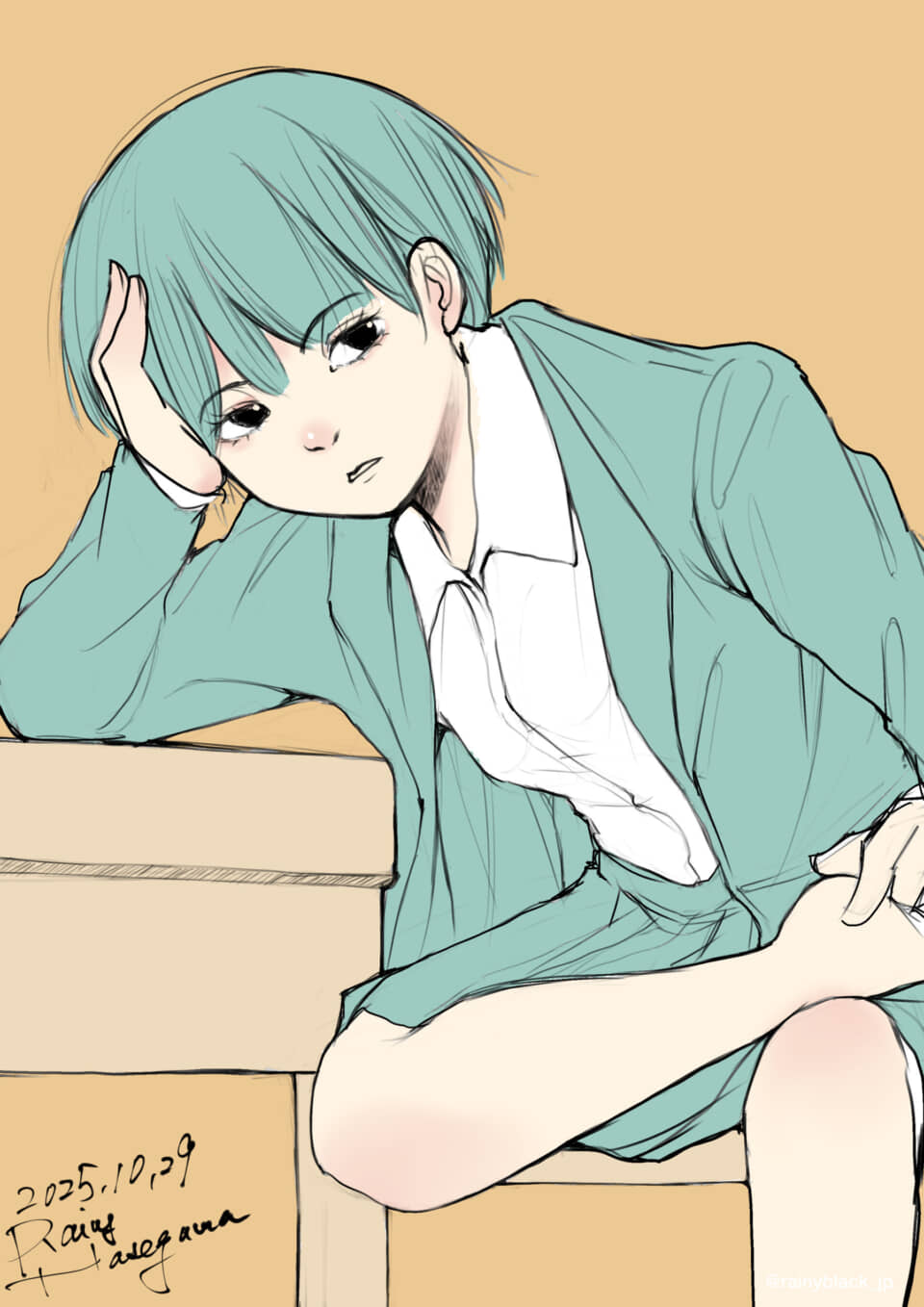 机に寄りかかる青髪の人物