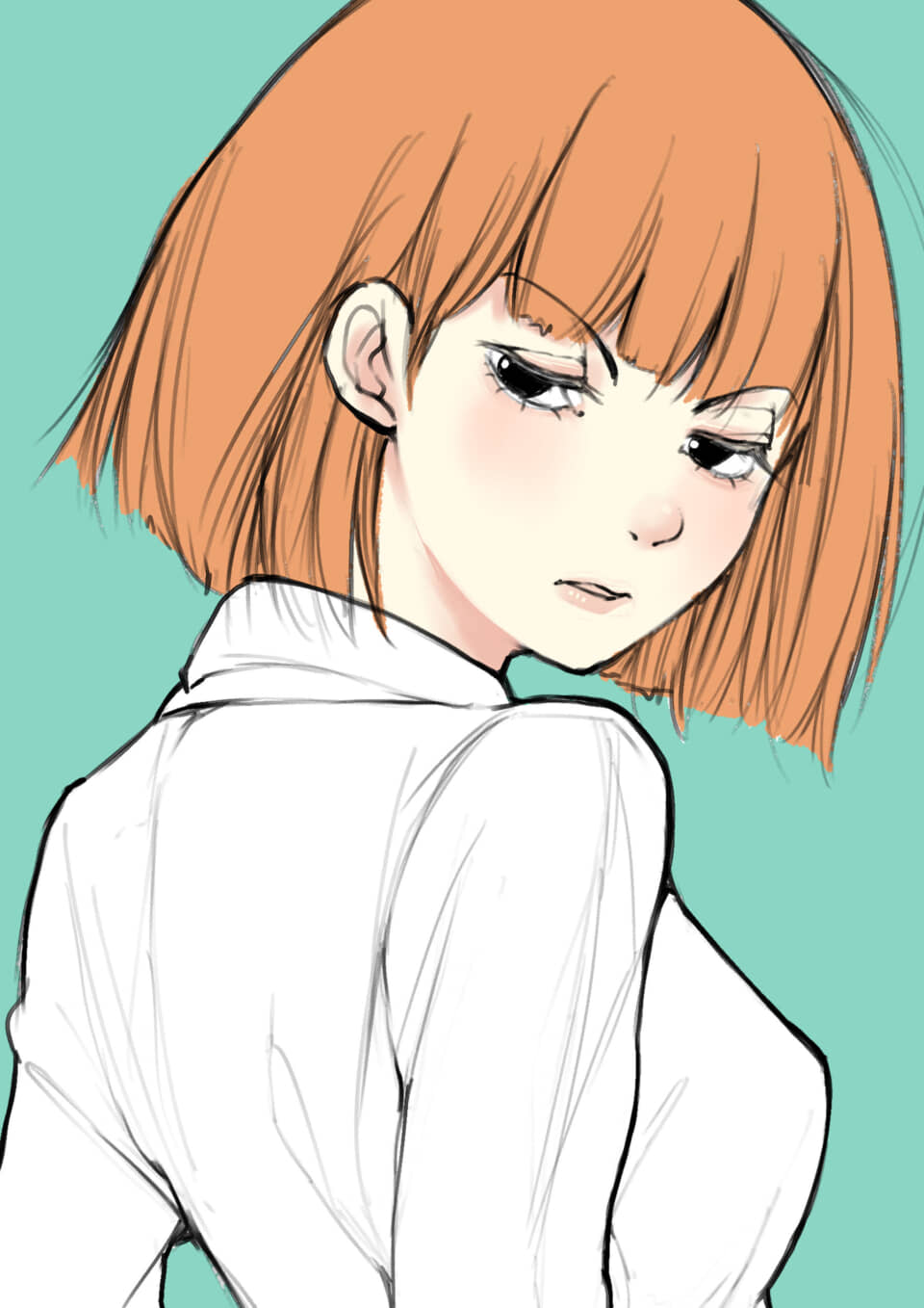 短髪の女性が振り返るイラスト