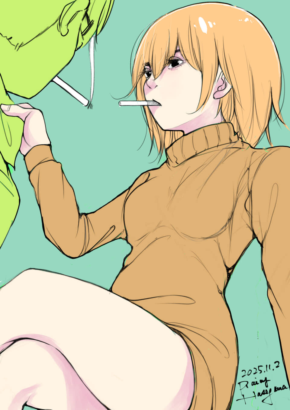 2人がたばこをくわえて向き合う。