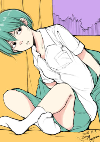 緑髪の少女が座っているイラスト。