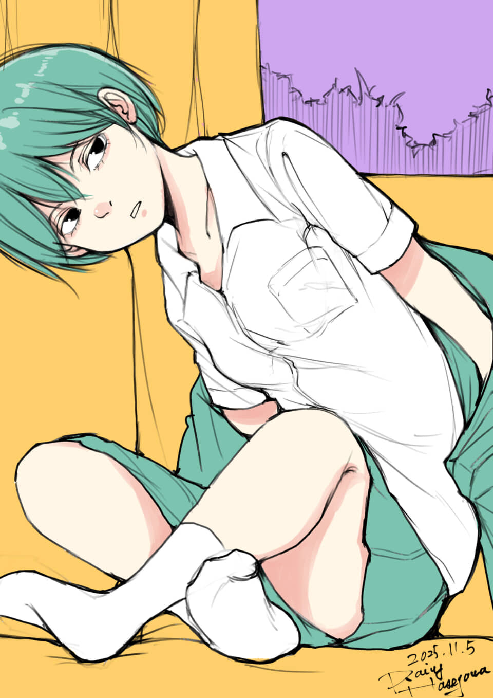 緑髪の少女が座っているイラスト。