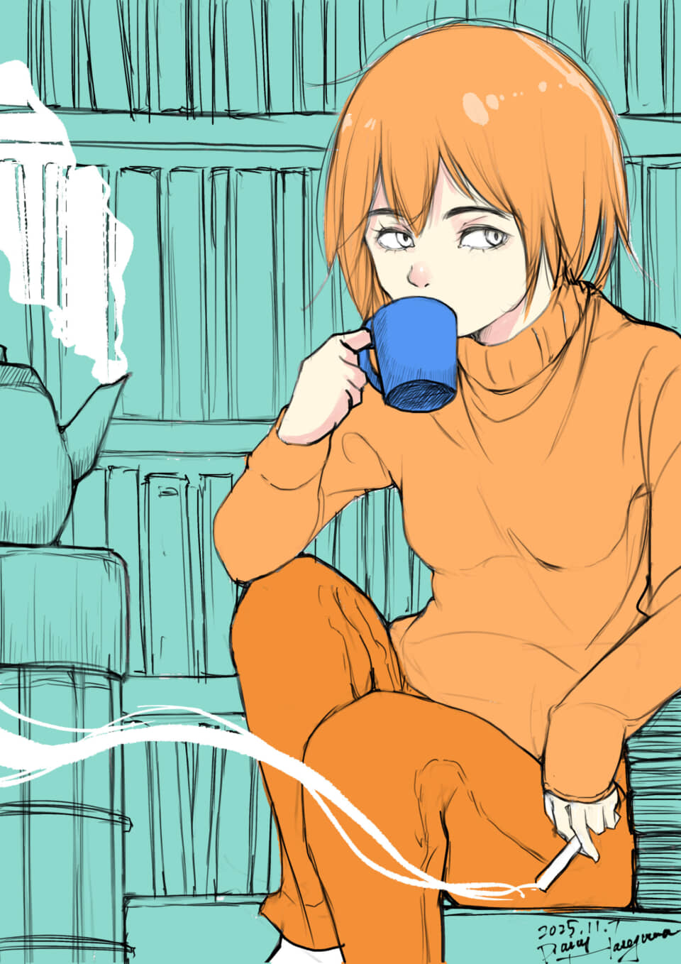 オレンジ服の人が飲み物を飲む。