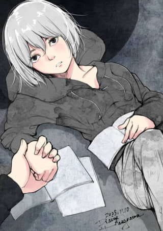 白髪のキャラが手を握るシーン。