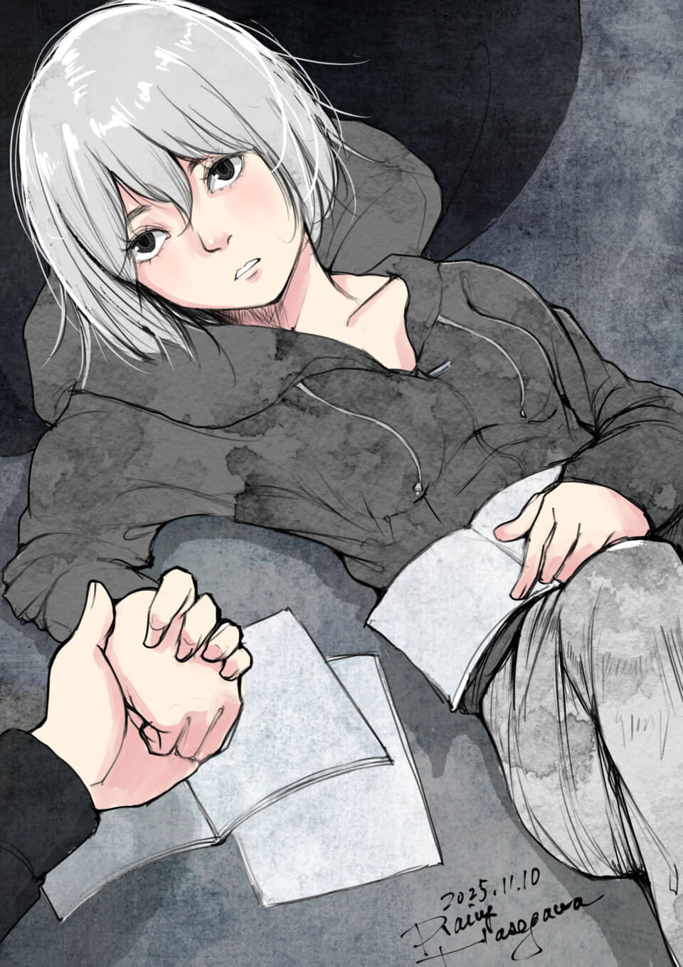 白髪のキャラが手を握るシーン。