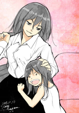 笑顔の女性と少女が抱き合うイラスト