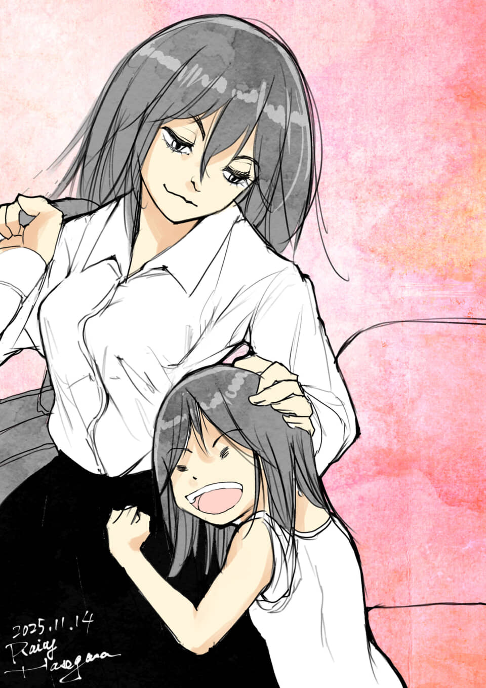 笑顔の女性と少女が抱き合うイラスト