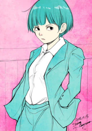 青髪のスーツ姿の人物イラスト。