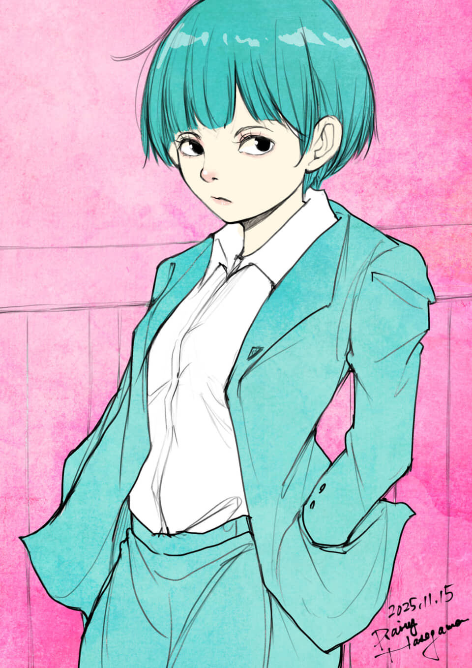 青髪のスーツ姿の人物イラスト。