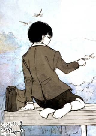 ベンチでとんぼを指す学生