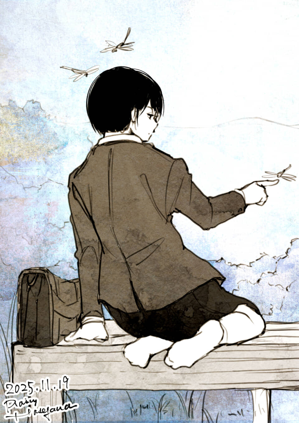 ベンチでとんぼを指す学生