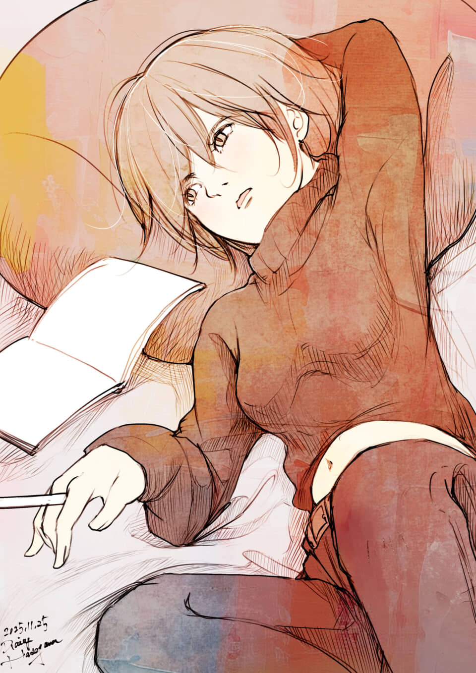 女性がベッドでくつろぐイラスト。