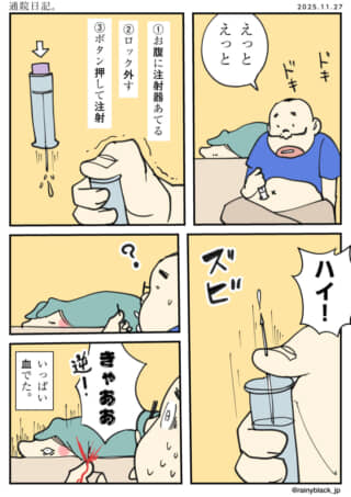 注射器で失敗し流血する男性。