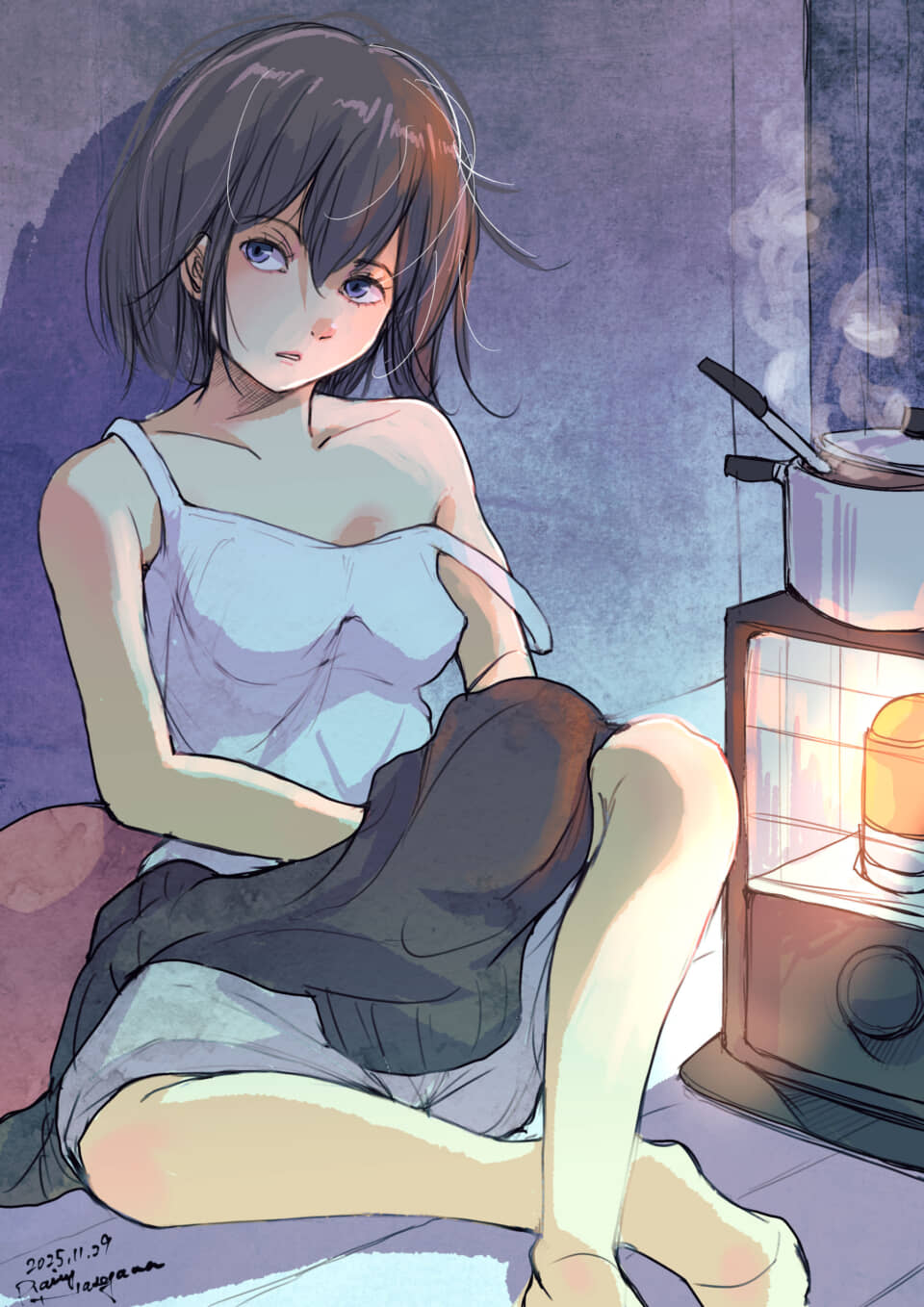 ストーブの前で座る女性イラスト。