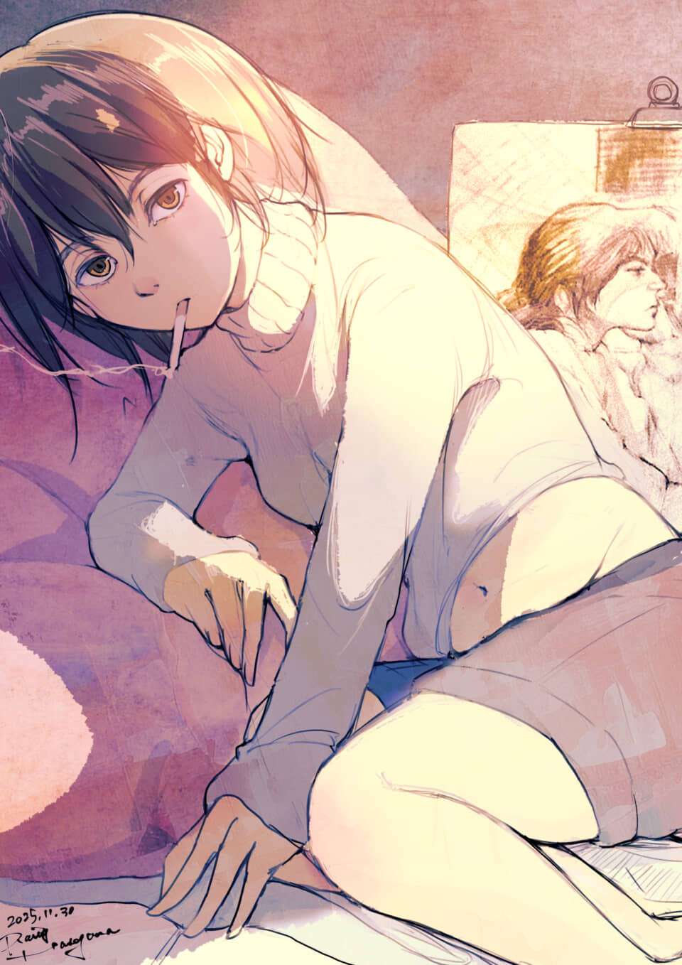 イラストのキャラクターが座っている。