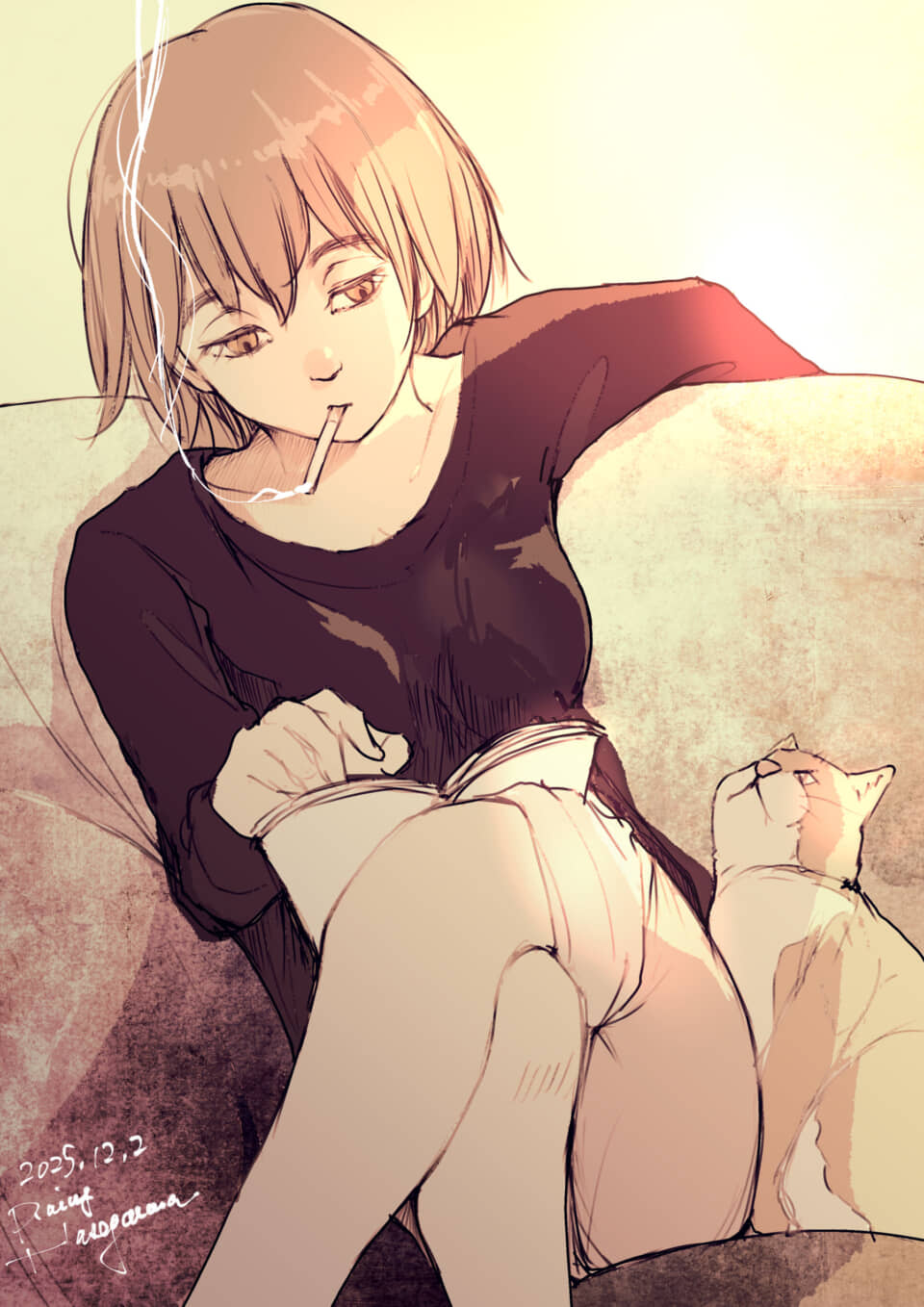 読書する女性と猫