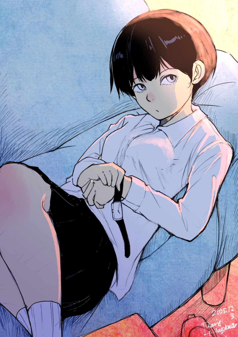 イラストの女の子が座っている。