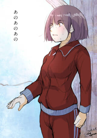 汗をかく女性キャラのイラスト。