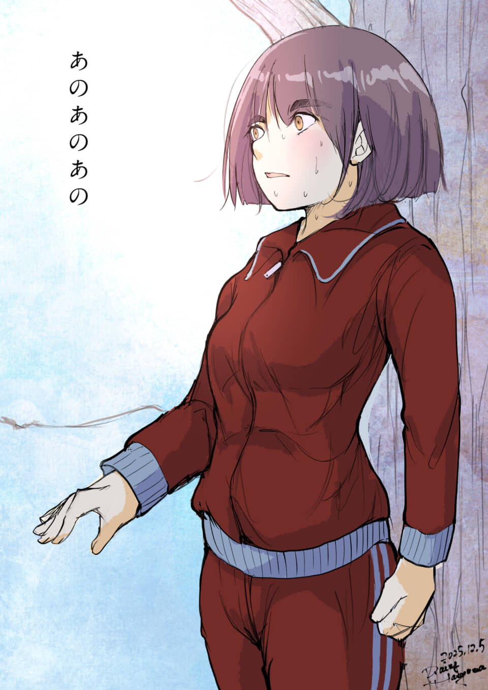 汗をかく女性キャラのイラスト。