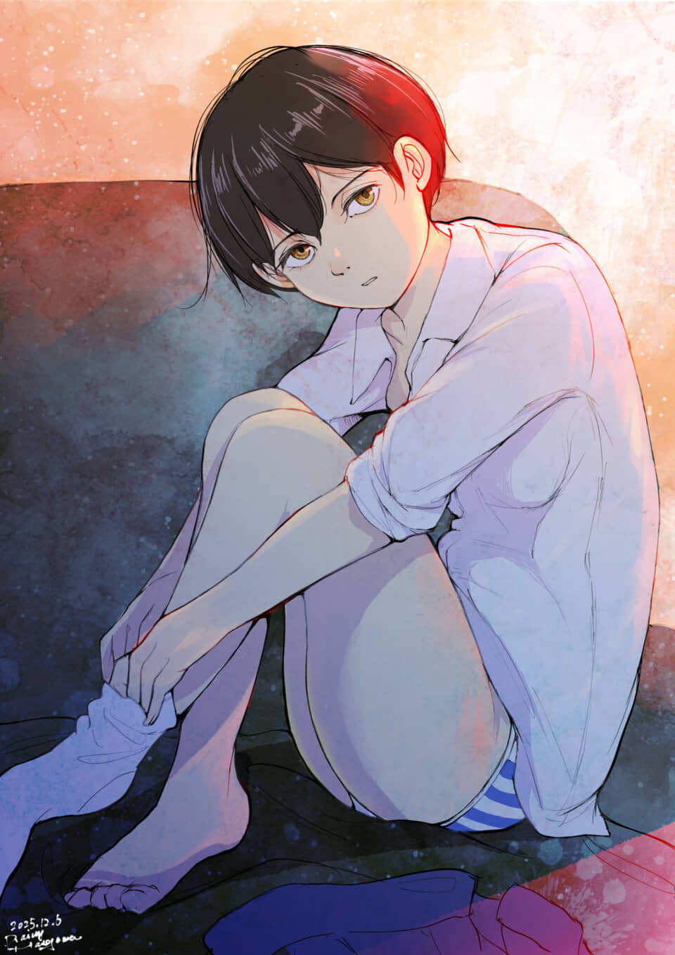 座っている短髪の少年イラスト。