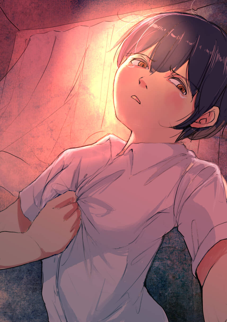 涙を流す少年のアニメ風絵。