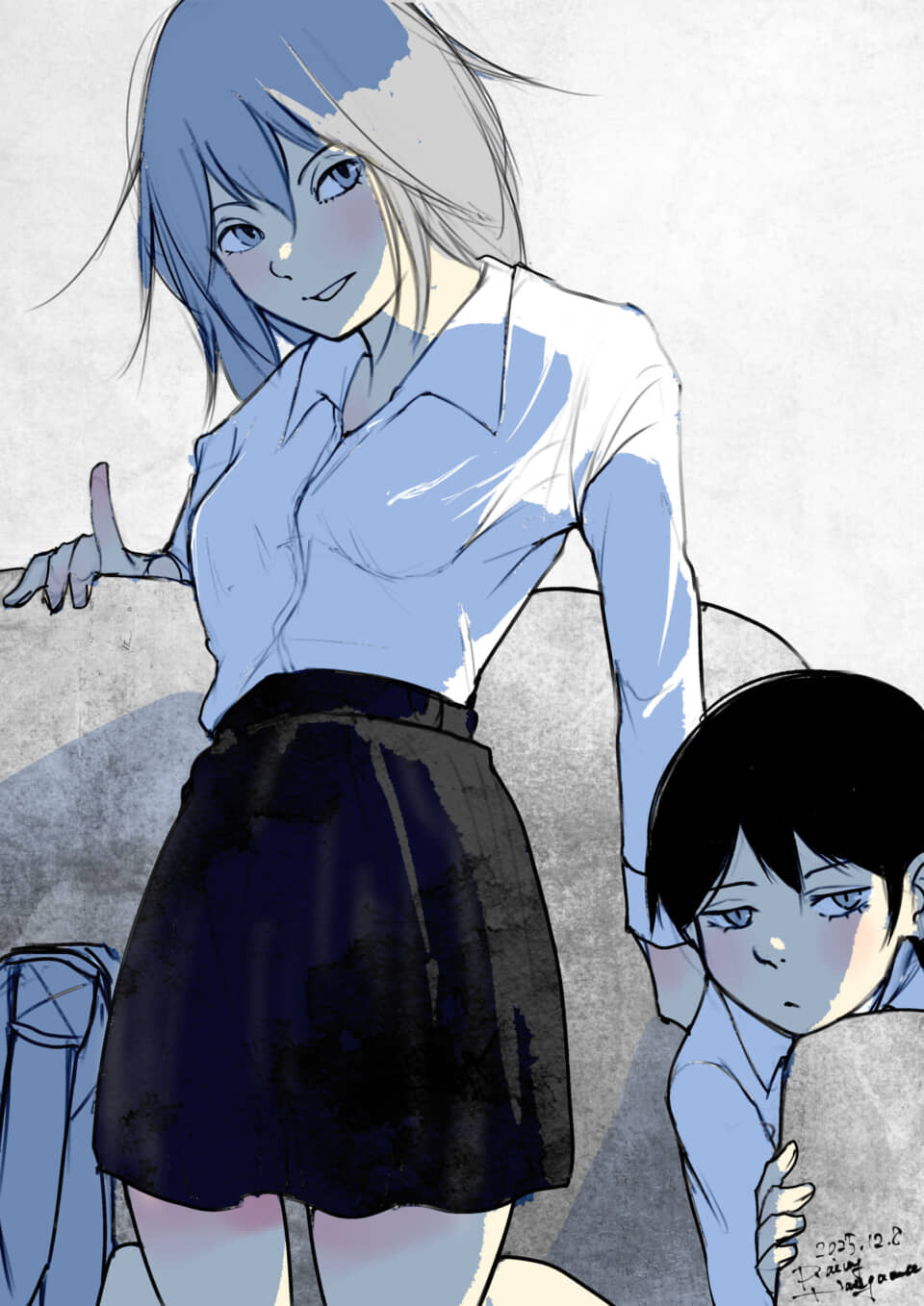 女性と男の子のイラスト。