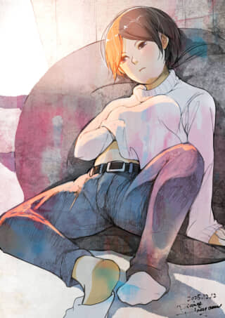 座っている女性のイラスト。