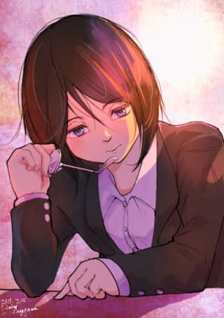 メガネを咥える女性のイラスト。