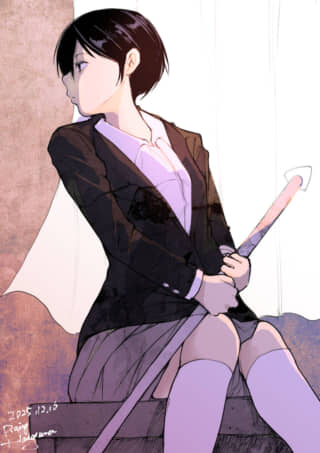 黒髪の少女が窓辺で剣を持つ。