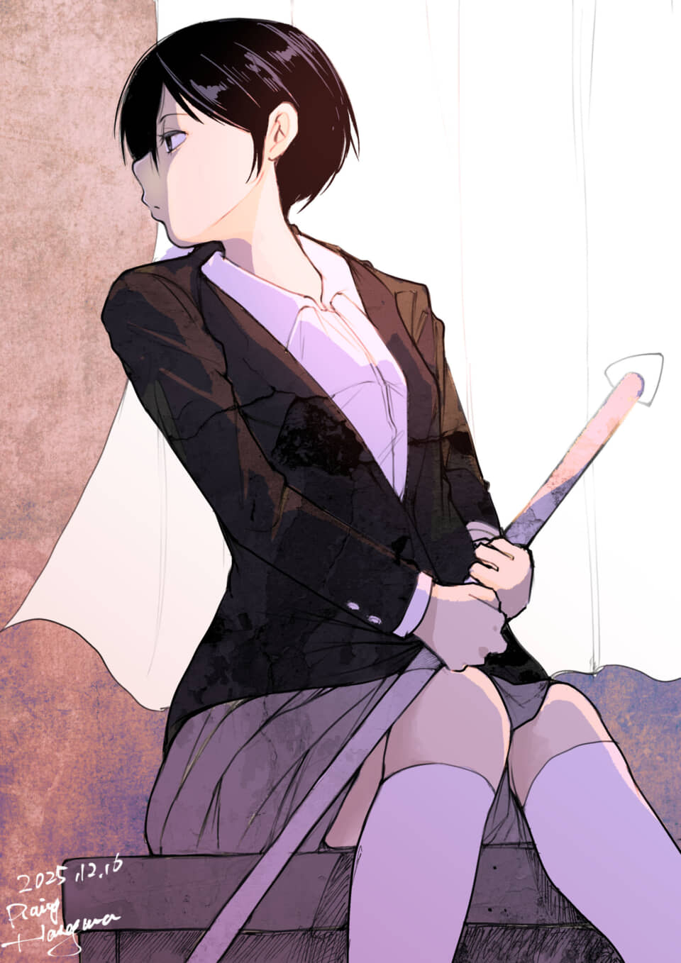 黒髪の少女が窓辺で剣を持つ。