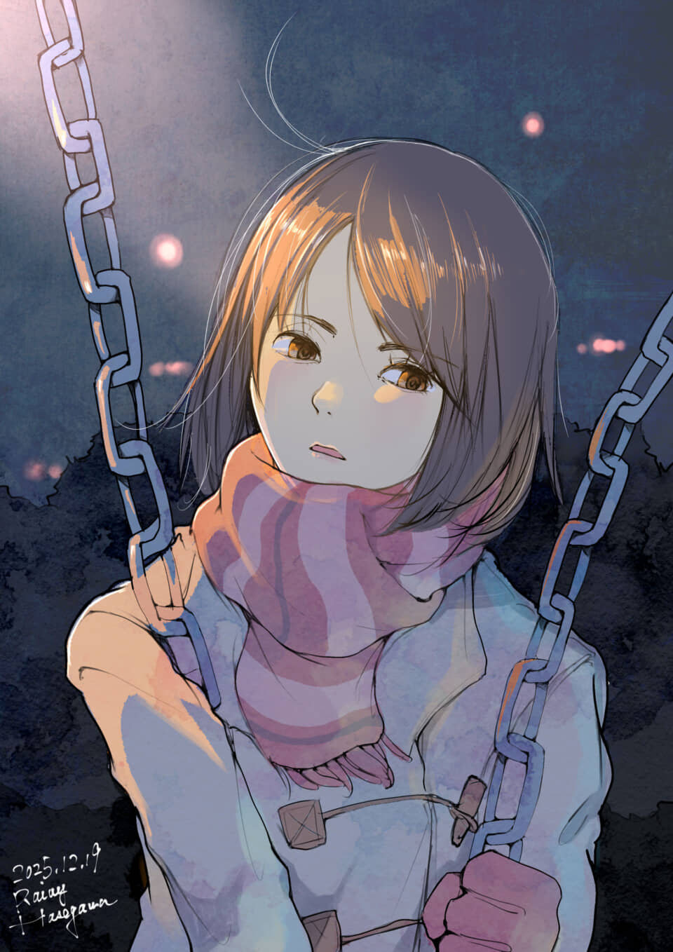 秋の夜、ブランコに乗る少女。