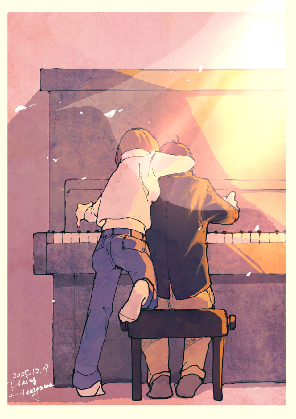 ピアノを弾く二人の人物。