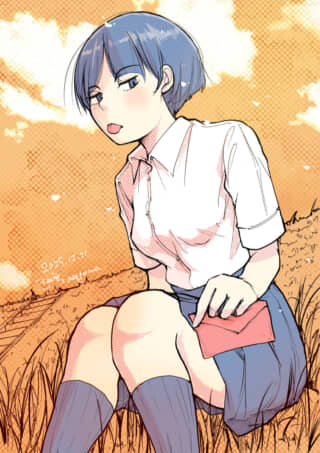 青髪の少女が草原に座る。