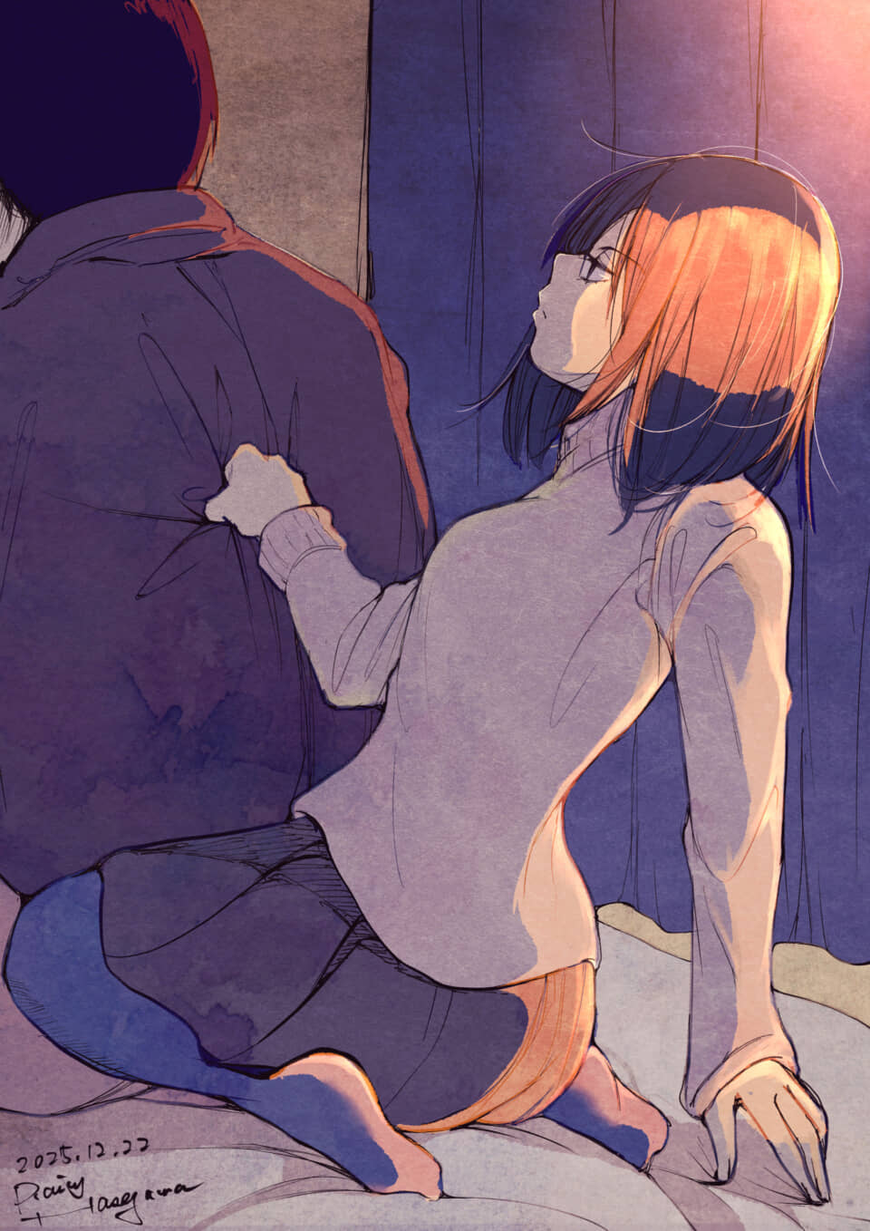 女性が男性のシャツを掴むイラスト。