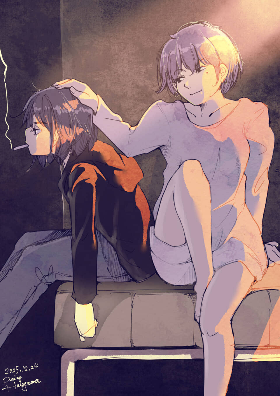 髪を撫でる人と煙草の人。