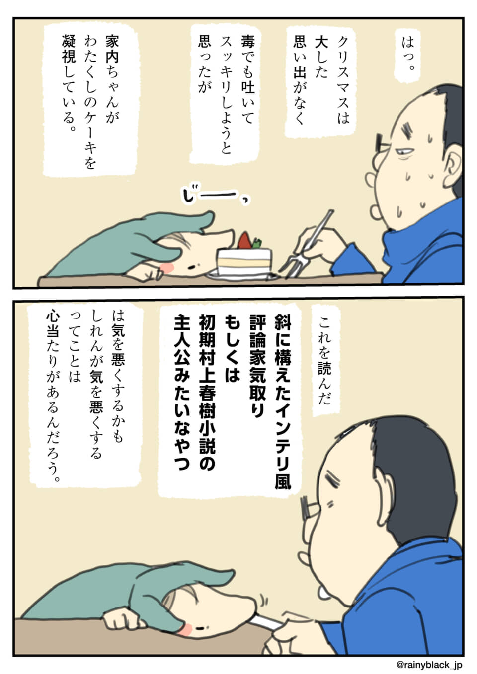 ケーキを見つめる人物の漫画。