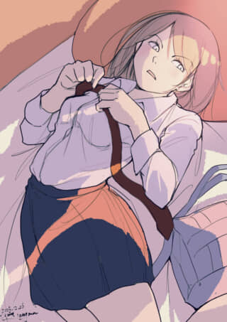 ネクタイを外す女性アニメキャラ。