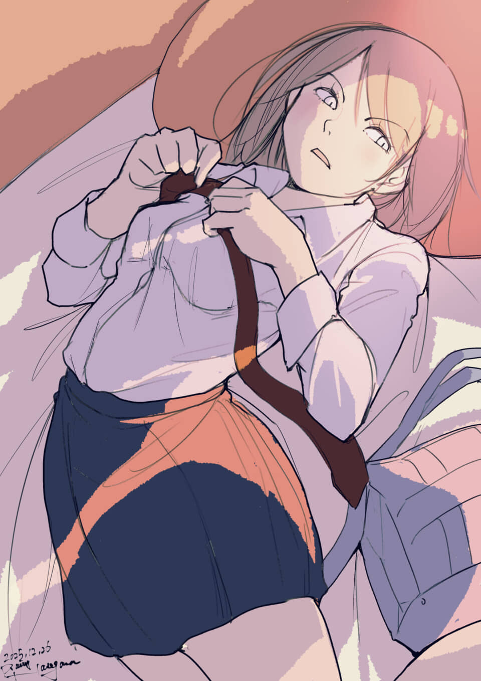 ネクタイを外す女性アニメキャラ。