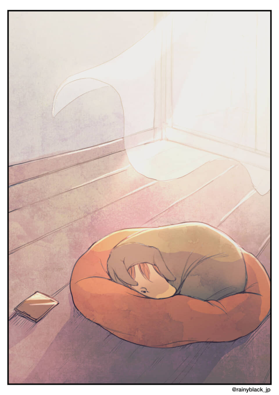 クッションで眠る人。日差し。