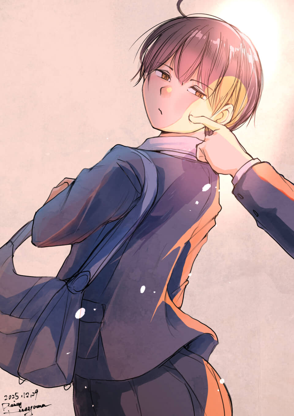 頬をつままれる少年のイラスト。