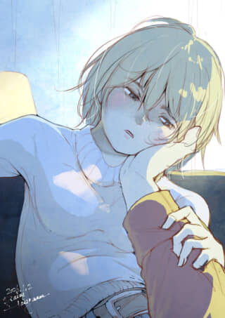 淡い色合いの少年のイラスト。